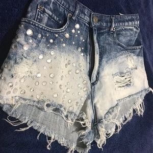 Crystal and rhinestone studded high waisted shorts